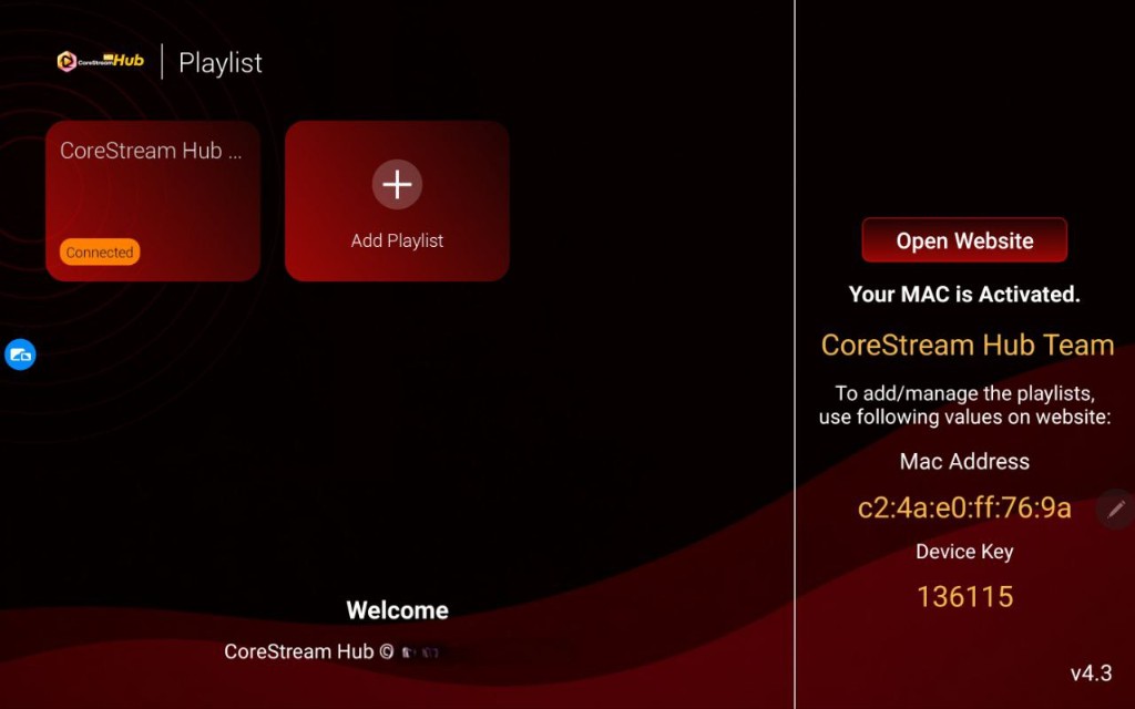 Corestream Hub app interface - Playlist and activation